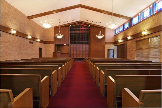 Restland Memorial Park Chapel with oak pews and oak altar