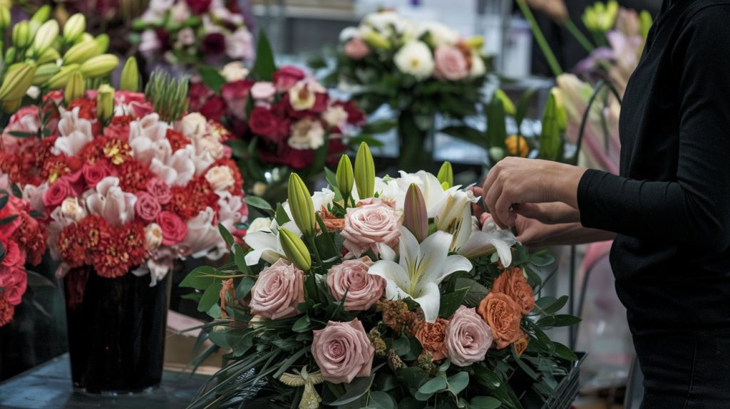 Behind-the-scenes preparation of corporate sympathy arrangements showing quality control process. Style: documentary, professional, procedural