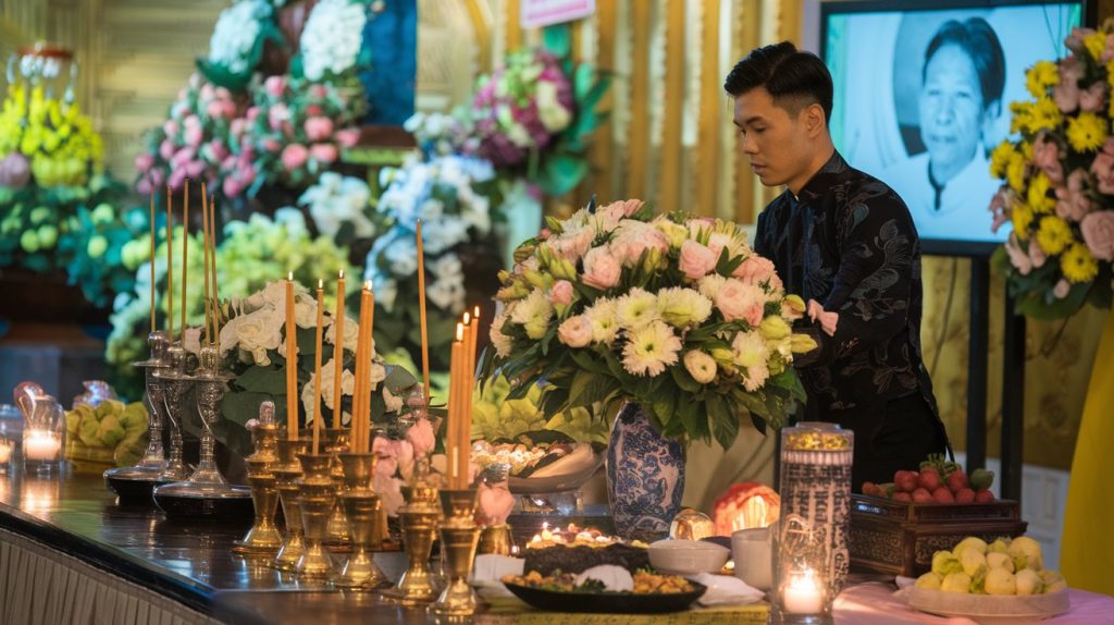 Behind-the-scenes preparation of traditional Vietnamese funeral arrangements with proper cultural elements. Style: documentary, professional, cultural