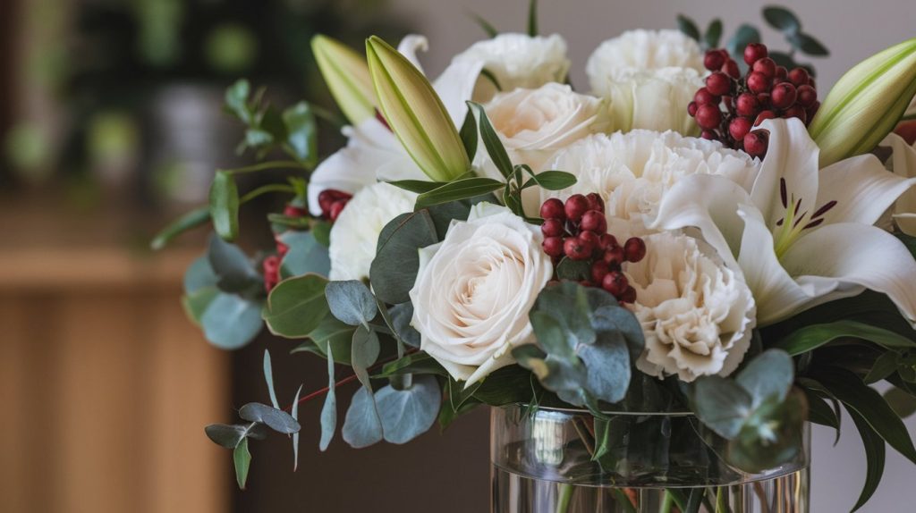 Close-up of premium corporate sympathy arrangement showing sophisticated color palette and high-end flowers. 