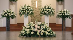 Corporate chapel setting with appropriately sized and placed sympathy arrangements. Professional, non-denominational atmosphere