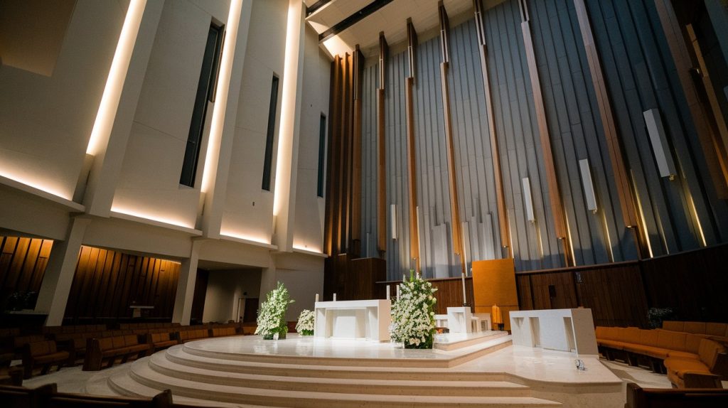 Interior of a modern megachurch sanctuary in Dallas, showing soaring architecture with clean lines, subtle lighting, and tasteful white flower arrangements positioned near a modern altar area