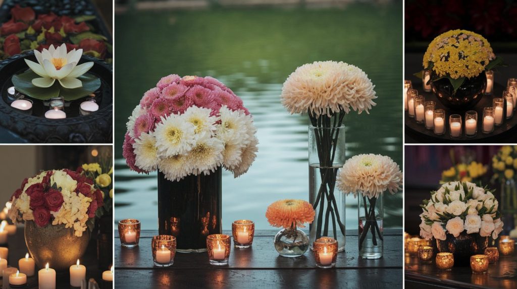 Series showing symbolic flower meanings in Vietnamese funeral tradition - focusing on lotus, chrysanthemum, and traditional combinations