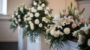 Funeral flowers adorn white pillars at a Chicago funeral service. Funeral flowers include white roses, white hyndragea and pink and white orchids